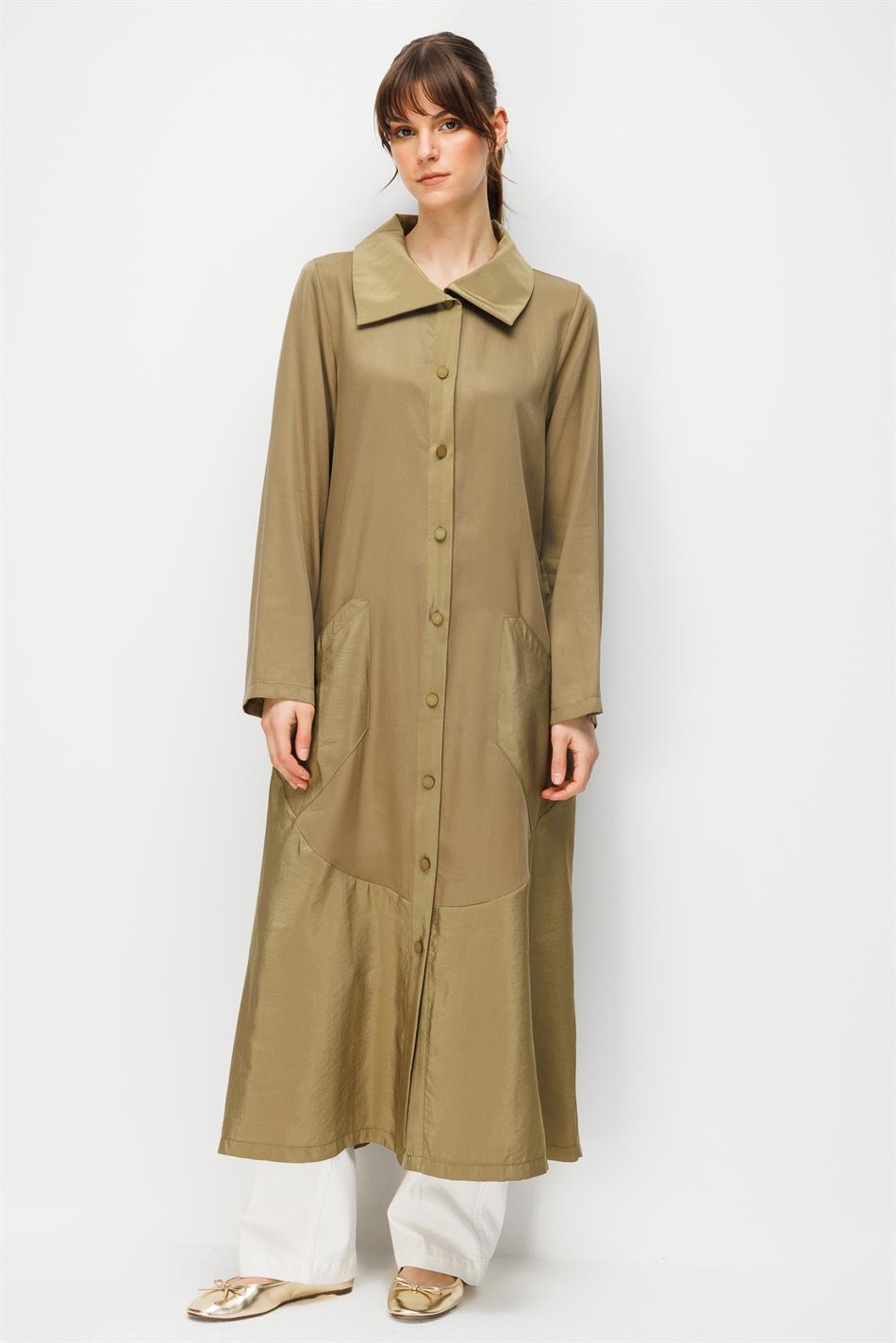 %100 Doğal LyoCELL Maxi Dökümlü Soft Kumaş Garni Kumaşlı Zamansız Kap Ferace-Haki