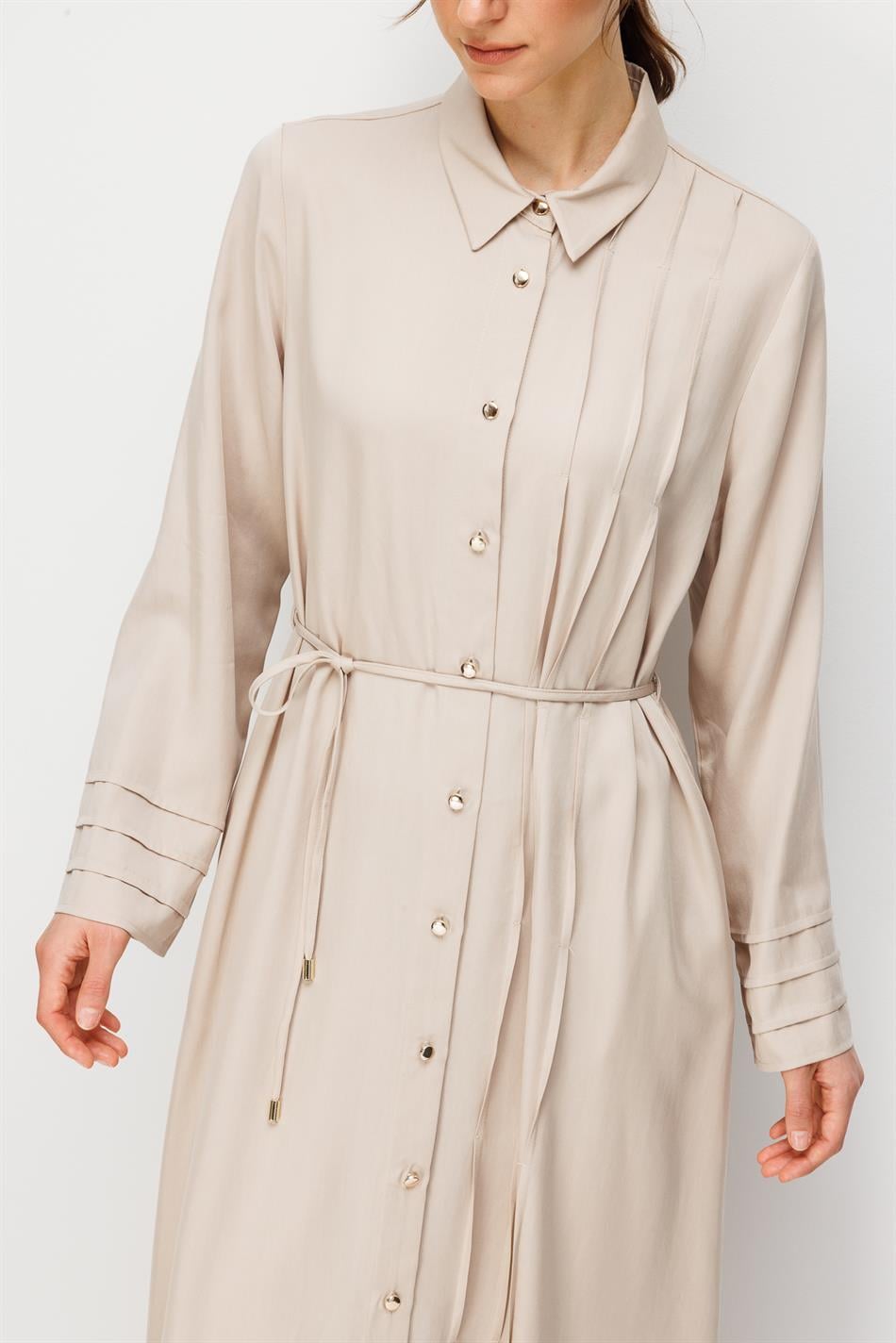 %100 Doğal LyoCELL Maxi Dökümlü Soft Kumaş Kol ve Beden Aller Nervür Detaylı Kap Ferace-Taş