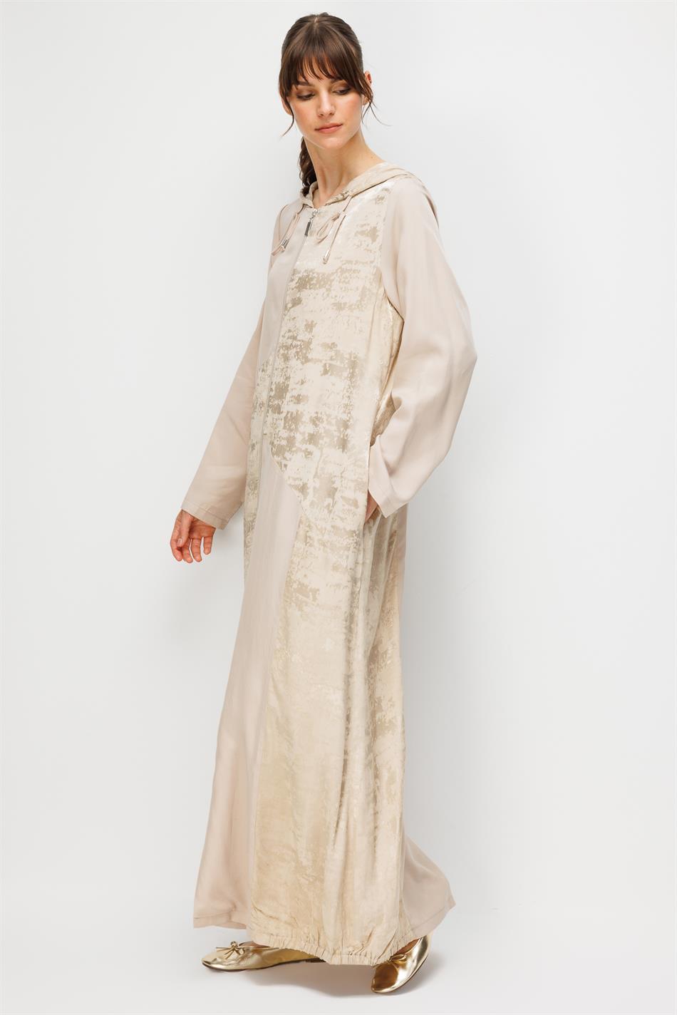 %100 Doğal LyoCELL Maxi Dökümlü Soft Kumaş Desen Geçişli Kap Ferace-Taş