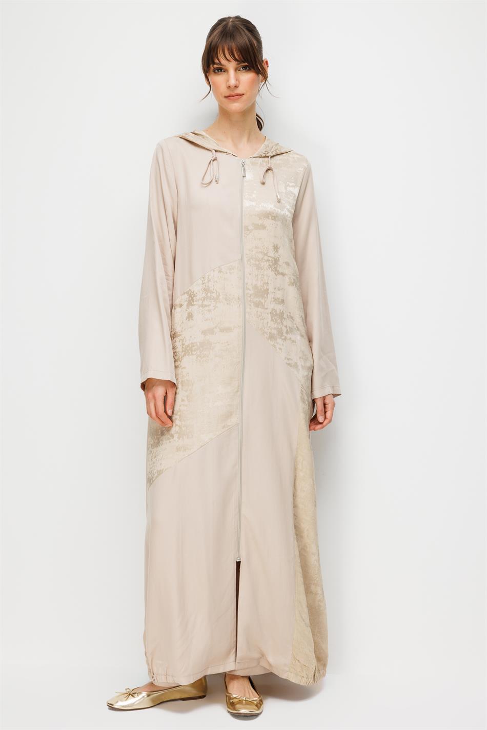 %100 Doğal LyoCELL Maxi Dökümlü Soft Kumaş Desen Geçişli Kap Ferace-Taş