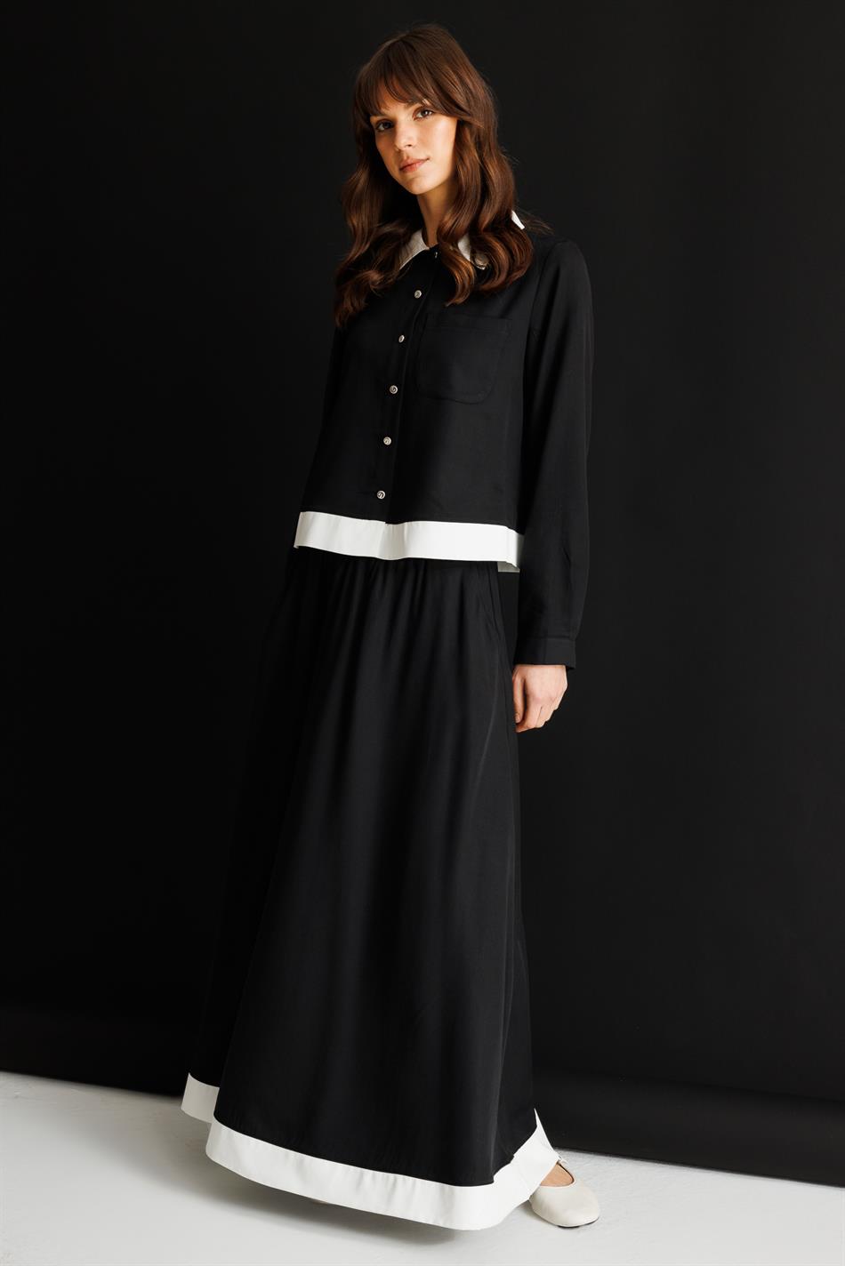 %100 Doğal LyoCELL Maxi Dökümlü Soft Kumaş Summer Garnili Etek Kombinli TAKIM-Siyah