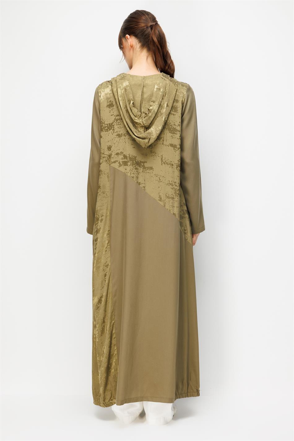 %100 Doğal LyoCELL Maxi Dökümlü Soft Kumaş Desen Geçişli Kap Ferace-Haki