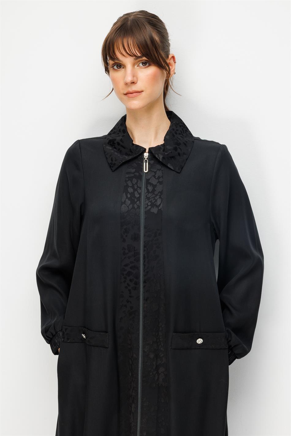 %100 Doğal LyoCELL Maxi Dökümlü Soft Kumaş ve Desen Geçişli Ferace-Siyah