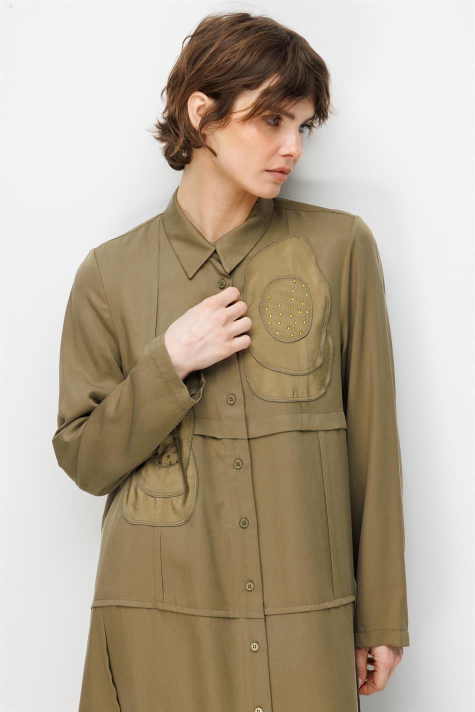 %100 Doğal LyoCELL Maxi Dökümlü Soft Kumaş Elişi Flora İşleme Detaylı Maxi Tunik Ferace-Haki