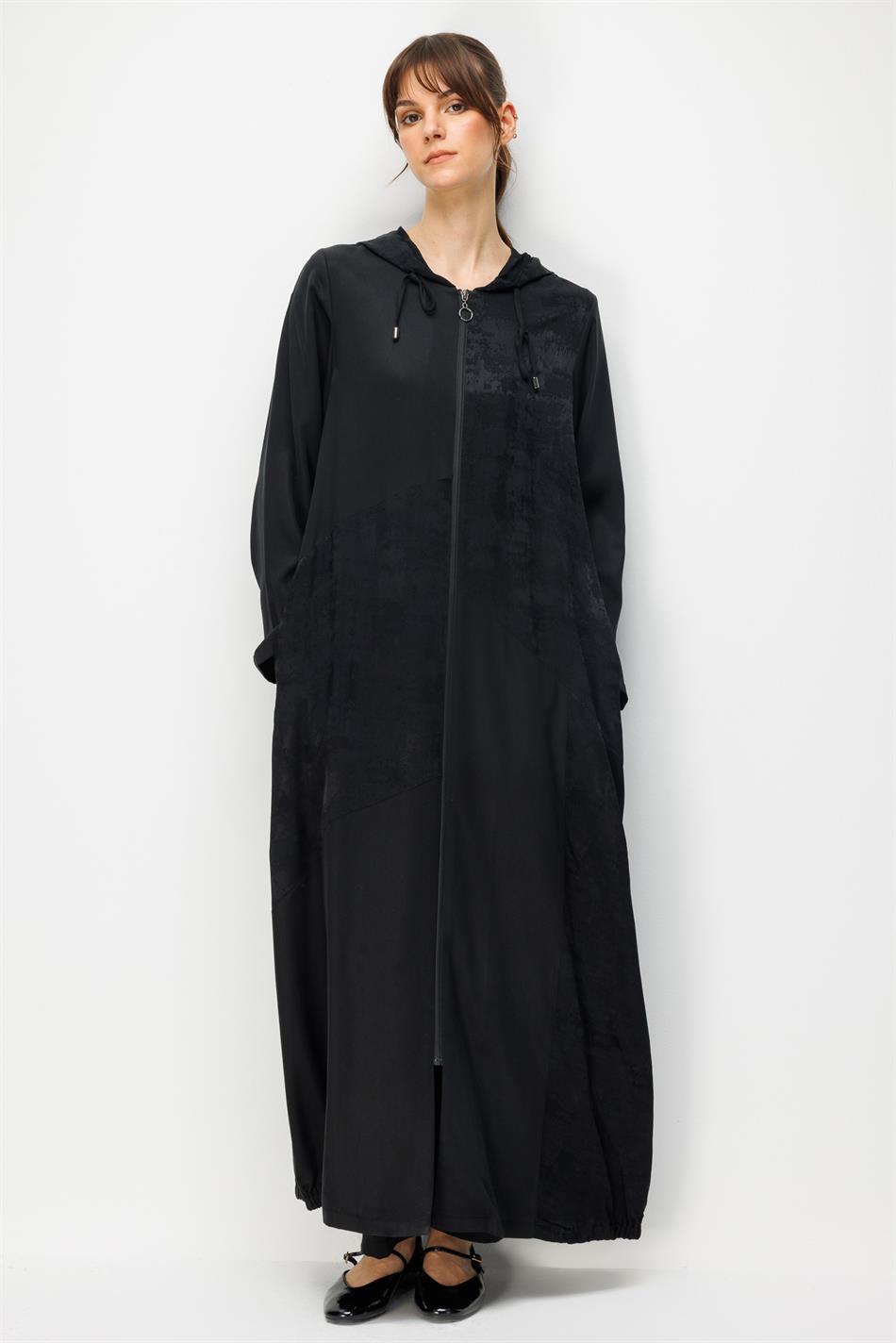 %100 Doğal LyoCELL Maxi Dökümlü Soft Kumaş Desen Geçişli Kap Ferace-Siyah