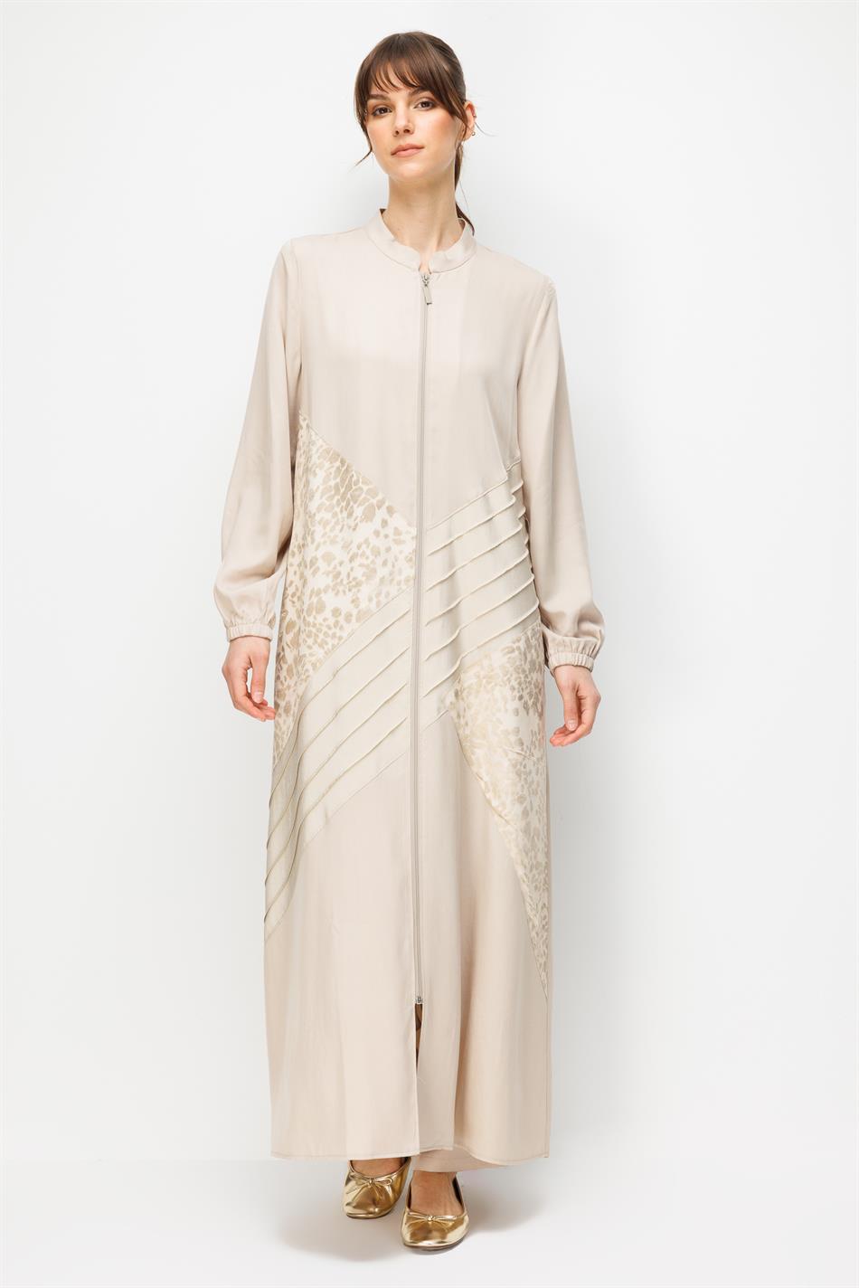 %100 Doğal LyoCELL Maxi Dökümlü Soft Kumaş Garni ve Elişi Nervür Detaylı Ferace-Taş