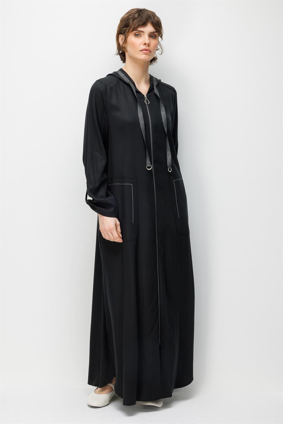 %100 Doğal LyoCELL Maxi Dökümlü Soft Kumaş Spor Garni Detaylı Kap Ferace-Siyah