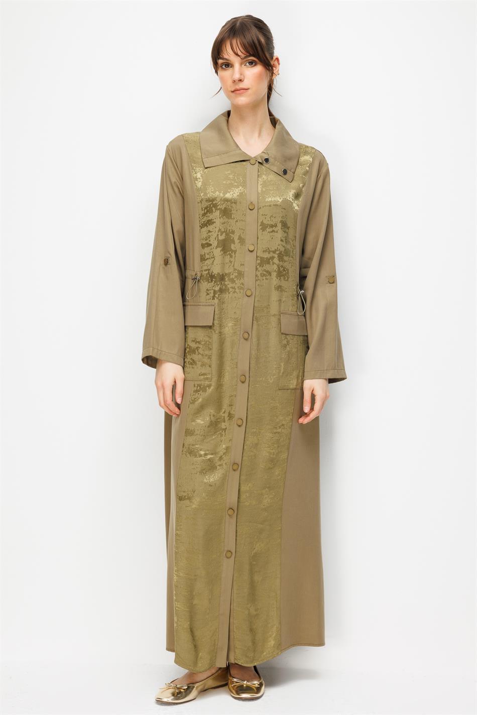 %100 Doğal LyoCELL Maxi Dökümlü Soft Kumaş Desen Geçişli Kap Ferace-Haki