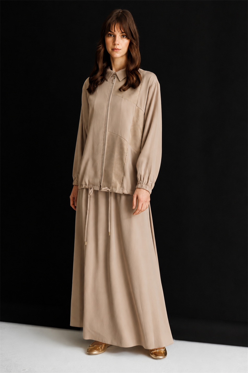 100% Təbii LyoCELL Maxi Draped Yumşaq Parça Gödəkçə və Ətək Dəsti, Örgü ilə Bəzədilmiş Təfərrüatlarla - Qəhvə