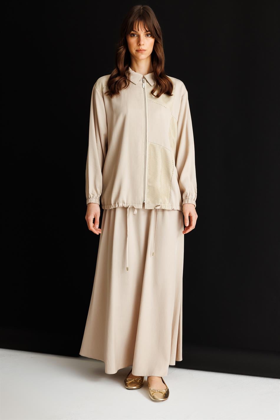 %100 Doğal LyoCELL Maxi Dökümlü Soft Kumaş Step File Garni Detaylı Ceket ve Etek Kombinli TAKIM-Taş