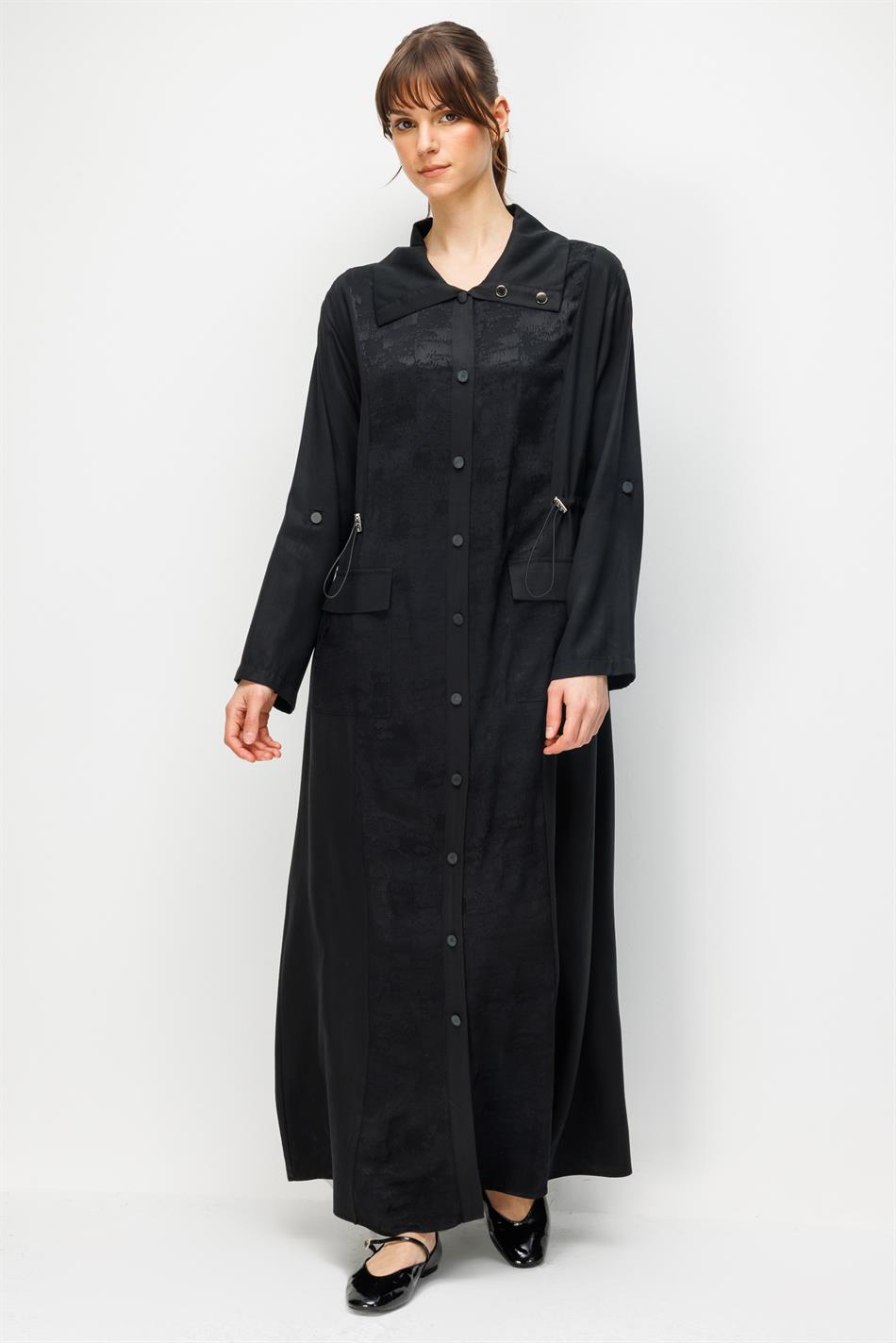 %100 Doğal LyoCELL Maxi Dökümlü Soft Kumaş Desen Geçişli Kap Ferace-Siyah