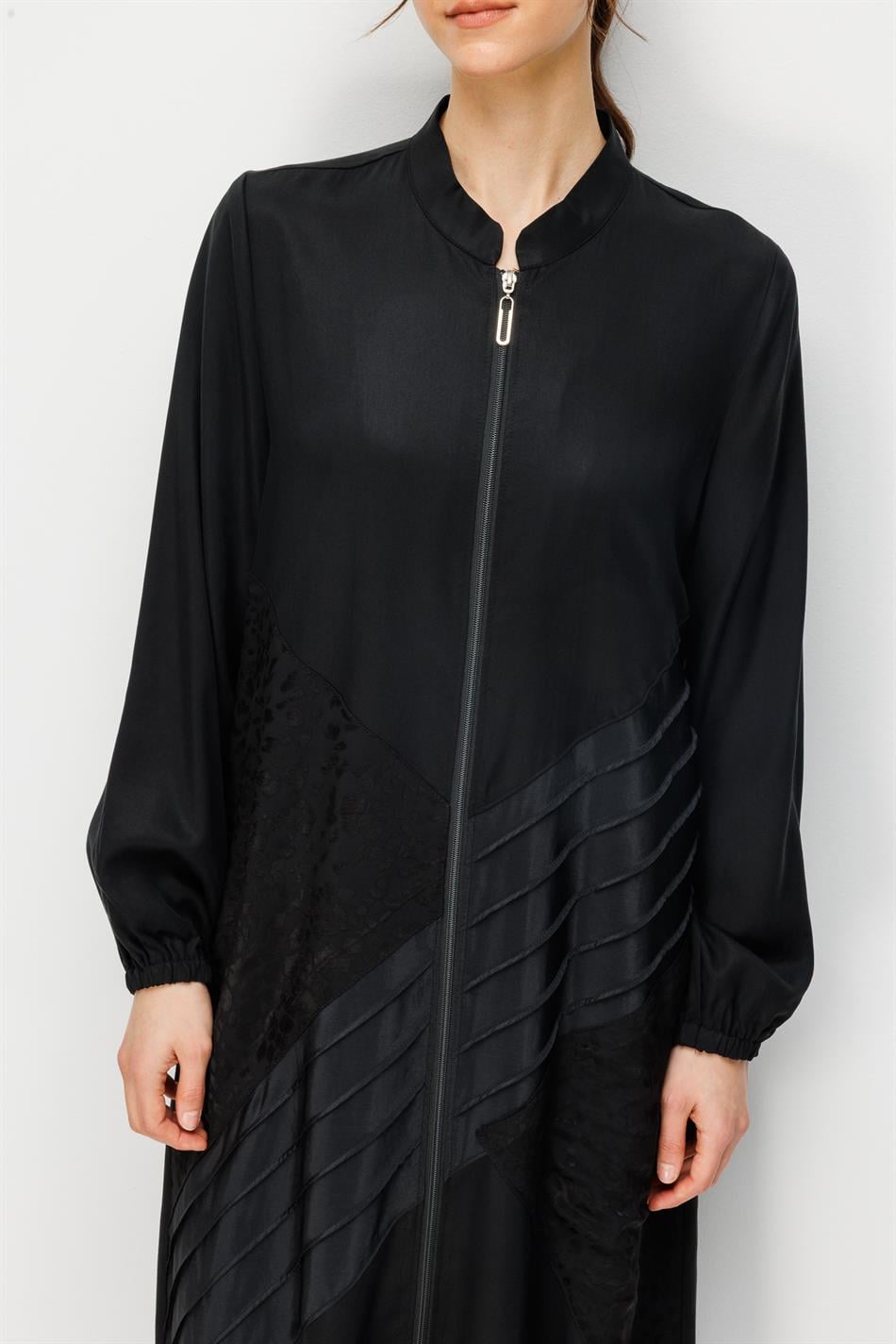 %100 Doğal LyoCELL Maxi Dökümlü Soft Kumaş Garni ve Elişi Nervür Detaylı Ferace-Siyah