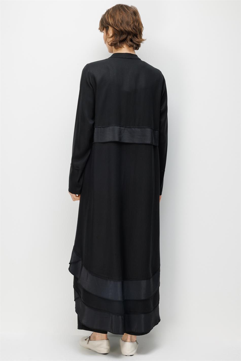 %100 Doğal LyoCELL Maxi Dökümlü Soft Kumaş Aller Bant detaylı Kap Ferace-Siyah