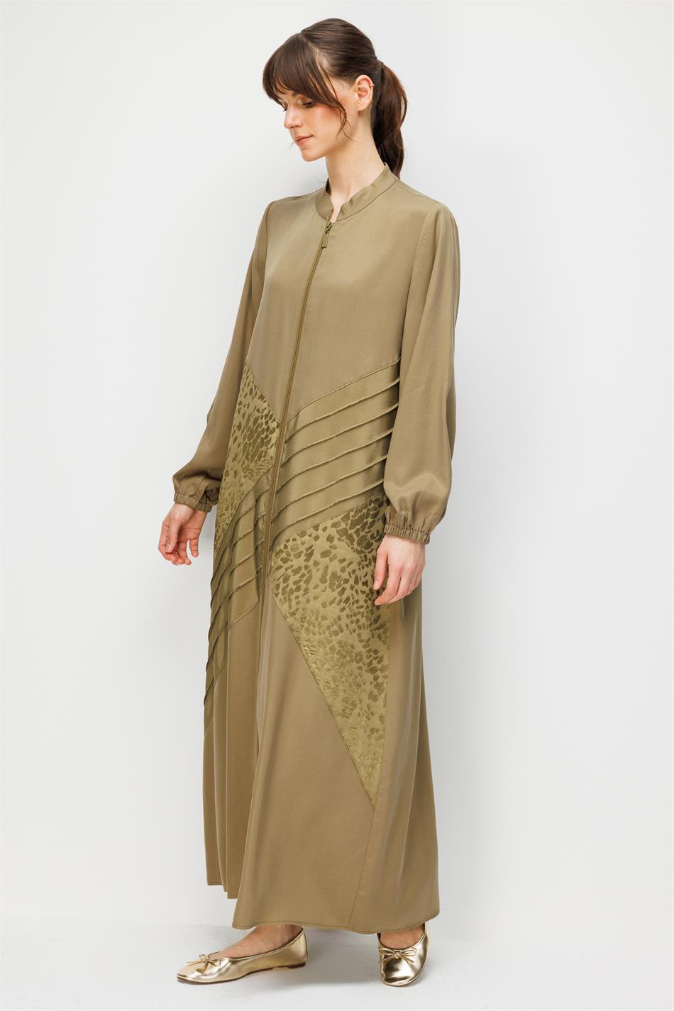 %100 Doğal LyoCELL Maxi Dökümlü Soft Kumaş Garni ve Elişi Nervür Detaylı Ferace-Haki