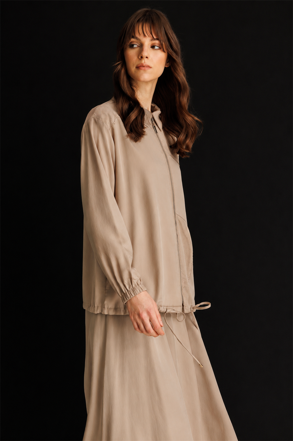 100% Təbii LyoCELL Maxi Draped Yumşaq Parça Gödəkçə və Ətək Dəsti, Örgü ilə Bəzədilmiş Təfərrüatlarla - Qəhvə