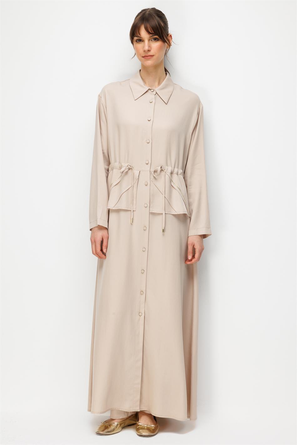 %100 Doğal LyoCELL Maxi Dökümlü Soft Kumaş Elişi Desen Nervür ve Taş İşlemeli Maxi Elbise Ferace-Taş