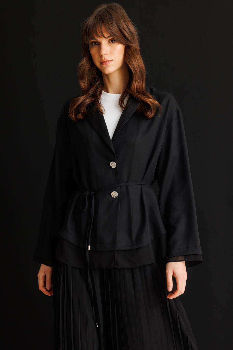 %100 Doğal LyoCELL Maxi Dökümlü Soft Kumaş Ceket ve Şifon Pilise Etek Kombinli TAKIM-Siyah