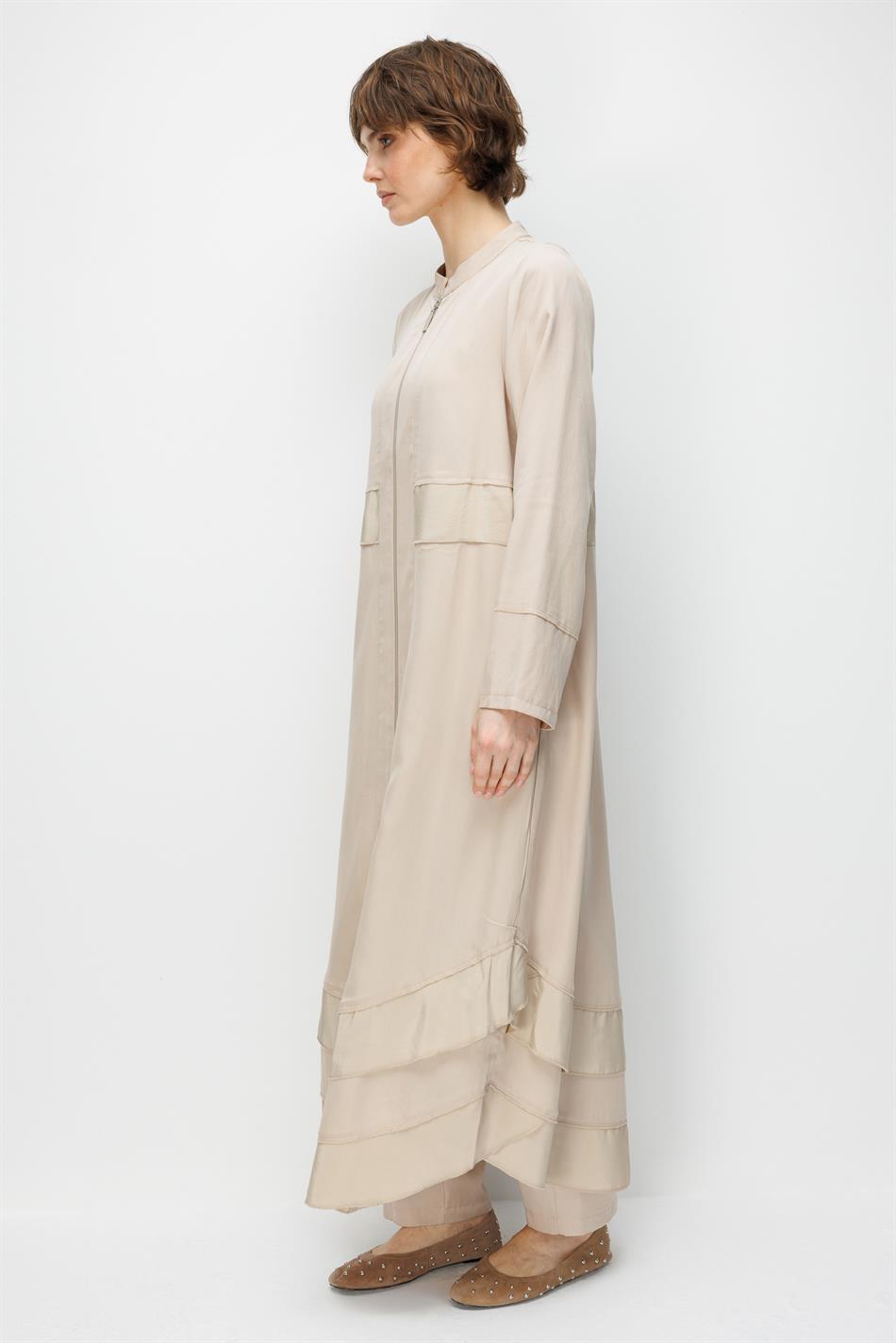 %100 Doğal LyoCELL Maxi Dökümlü Soft Kumaş Aller Bant detaylı Kap Ferace-Taş