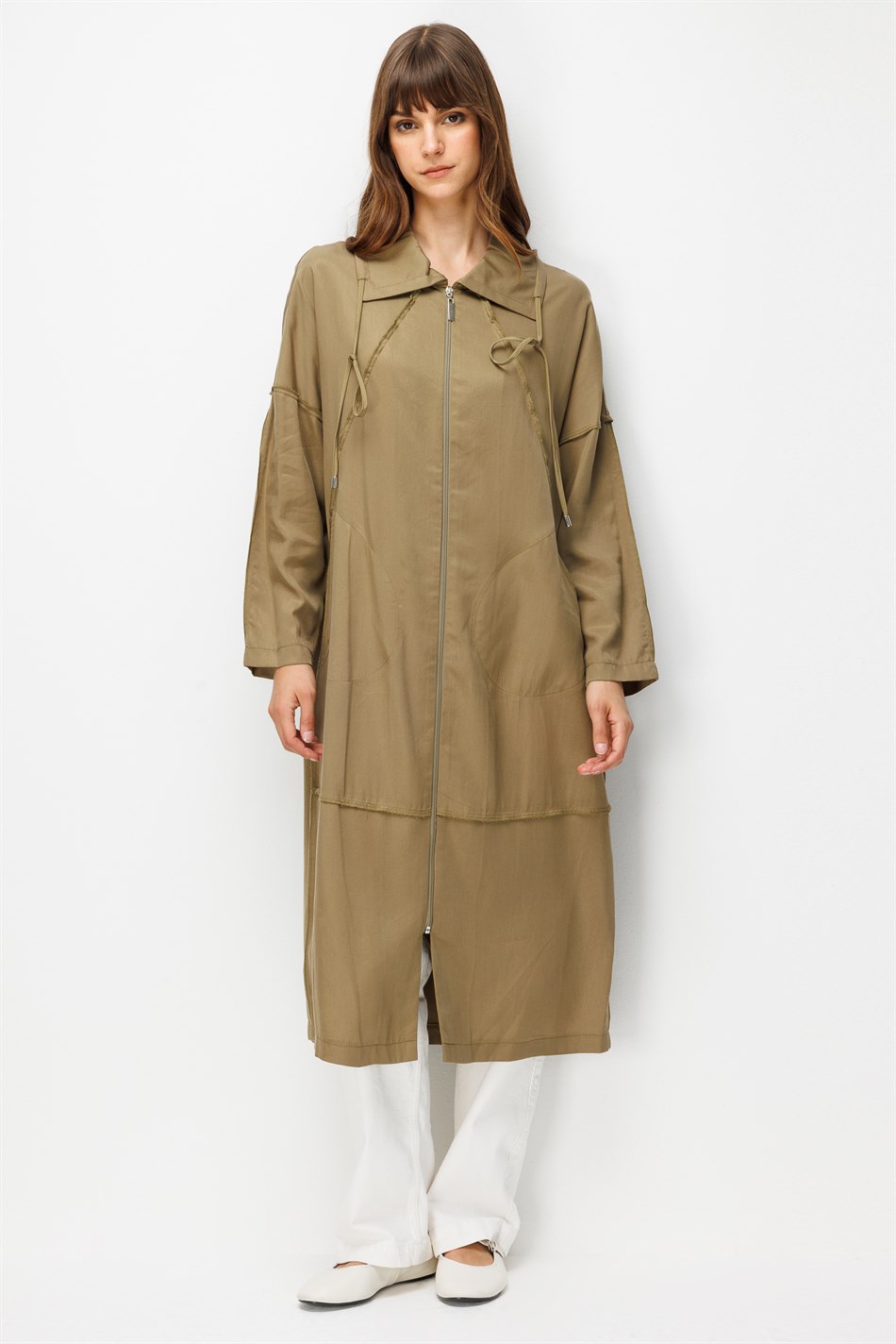 100% Natural LyoCELL Maxi Draped Soft Fabric Timeless Abaya with Special Stitching Details - Khaki