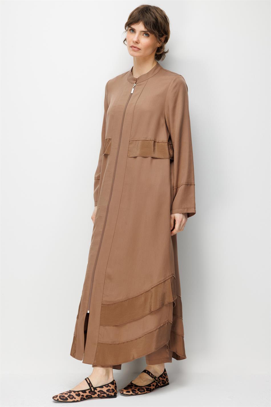 %100 Doğal LyoCELL Maxi Dökümlü Soft Kumaş Aller Bant detaylı Kap Ferace-Kahve