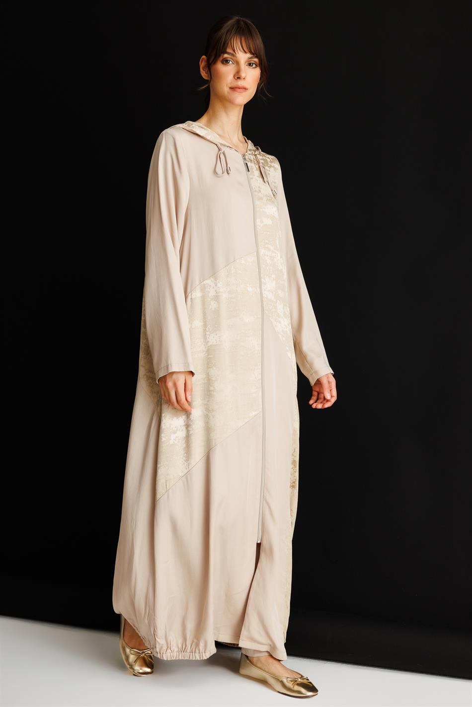 %100 Doğal LyoCELL Maxi Dökümlü Soft Kumaş Desen Geçişli Kap Ferace-Taş