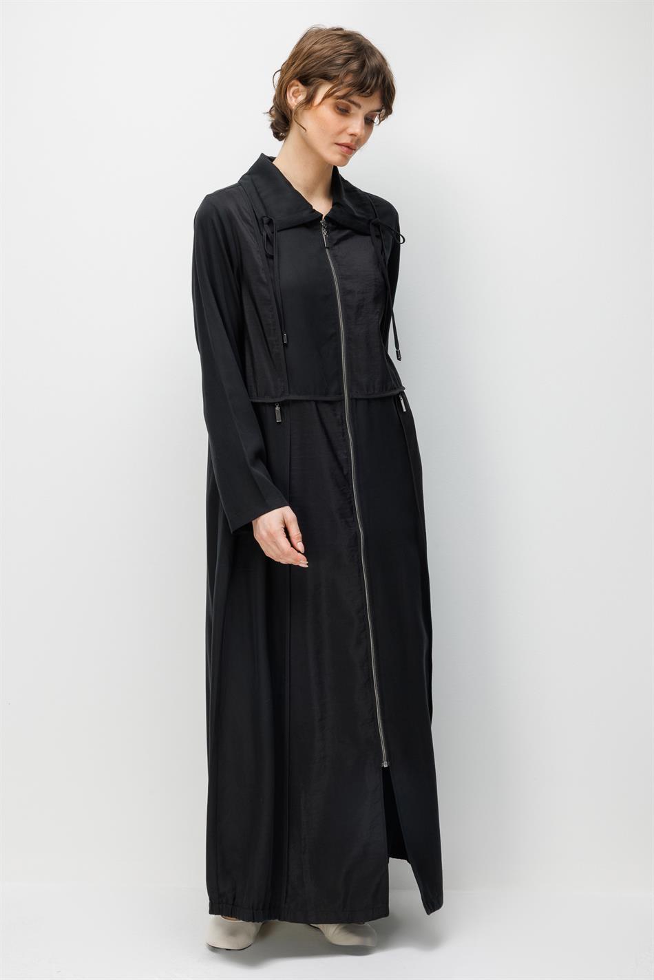 %100 Doğal LyoCELL Maxi Dökümlü Soft Kumaş Renk Garnil spor Detaylı Kap Ferace-Siyah