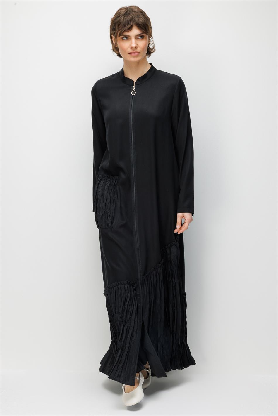 %100 Doğal LyoCELL Maxi Dökümlü Soft Kumaş Kraş Cep ve Alt Bant Detaylı Kap Ferace-Siyah