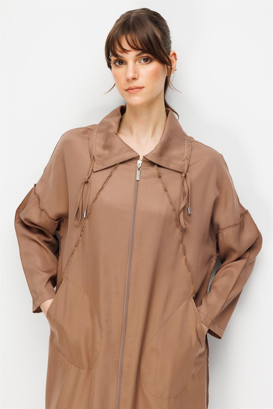 %100 Doğal LyoCELL Maxi Dökümlü Soft Kumaş Özel Dikiş Detaylı Zamansız Kap Ferace-Kahve