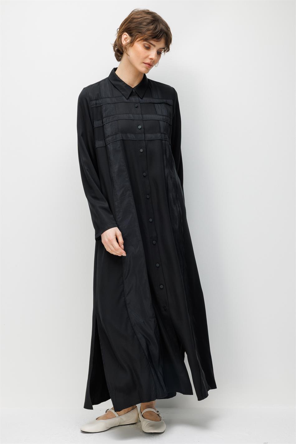 %100 Doğal LyoCELL Maxi Dökümlü Soft Kumaş Poly Cupra Desen İşleme Spor Kap Ferace-Siyah