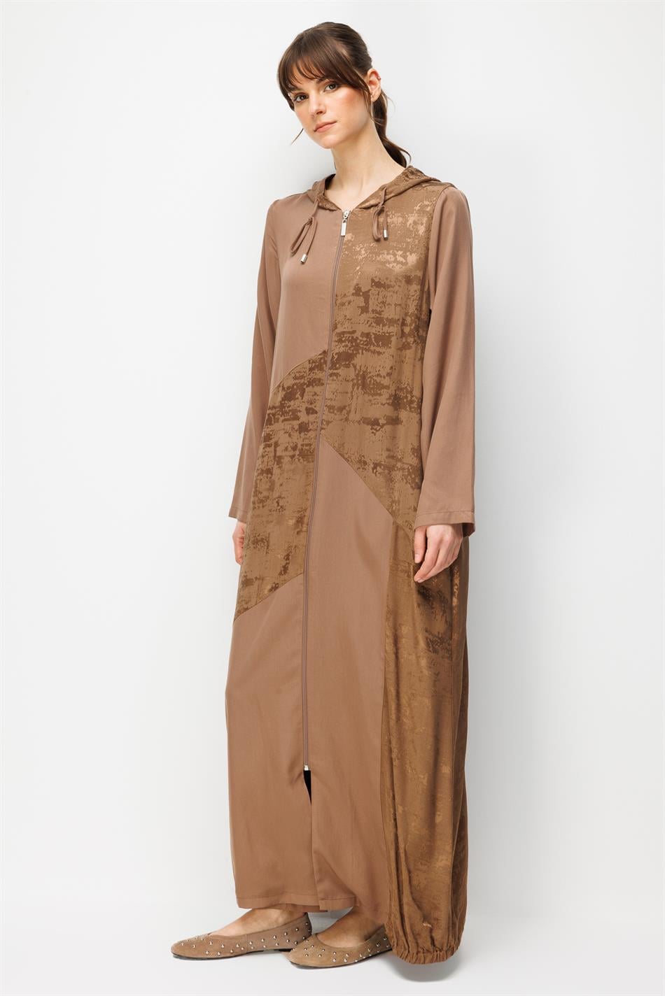 %100 Doğal LyoCELL Maxi Dökümlü Soft Kumaş Desen Geçişli Kap Ferace-Kahve