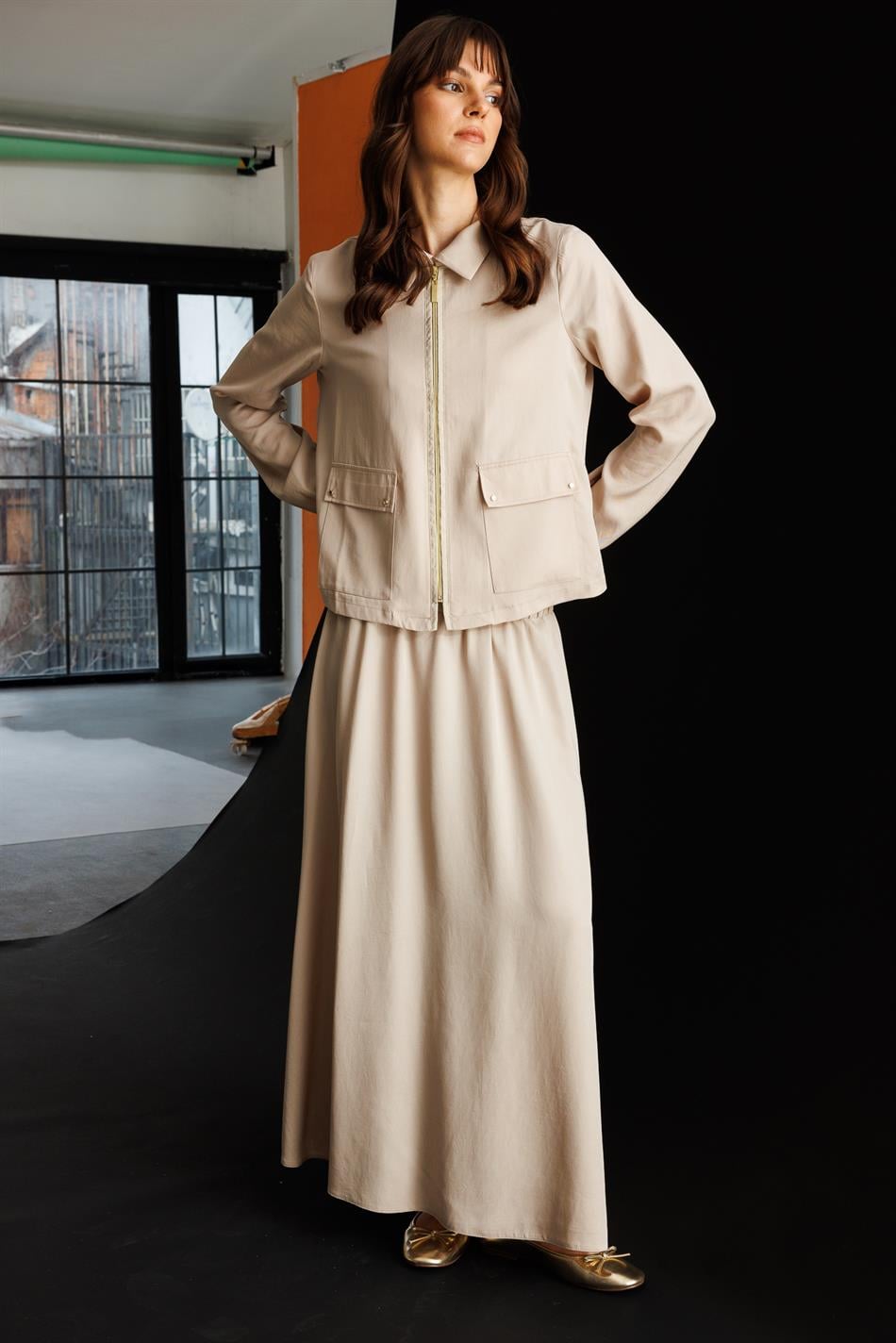 %100 Doğal LyoCELL Maxi Dökümlü Soft Kumaş Özel Ceket ve Etek Kombinli TAKIM-Taş