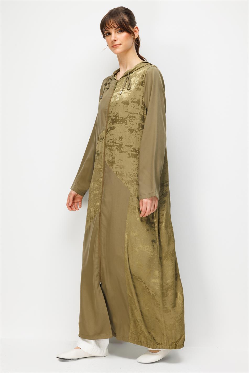 %100 Doğal LyoCELL Maxi Dökümlü Soft Kumaş Desen Geçişli Kap Ferace-Haki