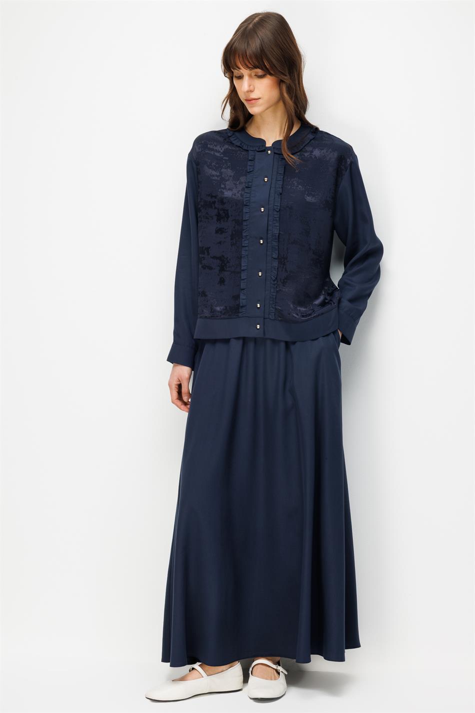 %100 Doğal LyoCELL Maxi Dökümlü Soft Kumaş Etek ve Özel Desen Geçişli Ceket Kombinli TAKIM-Laci