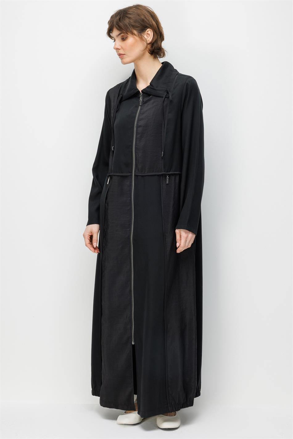 %100 Doğal LyoCELL Maxi Dökümlü Soft Kumaş Renk Garnil spor Detaylı Kap Ferace-Siyah