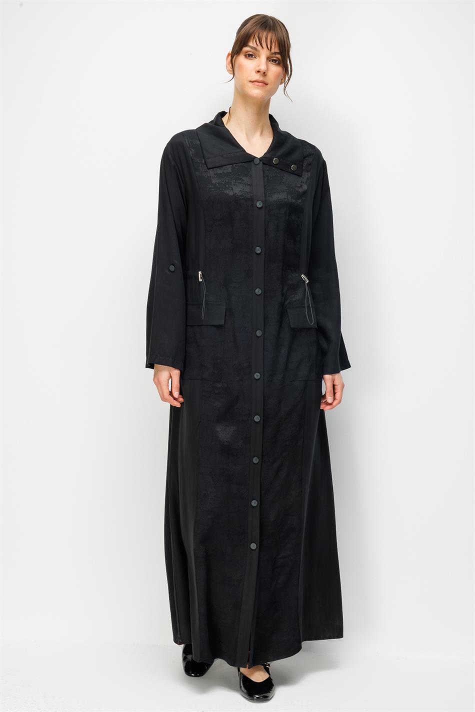 %100 Doğal LyoCELL Maxi Dökümlü Soft Kumaş Desen Geçişli Kap Ferace-Siyah