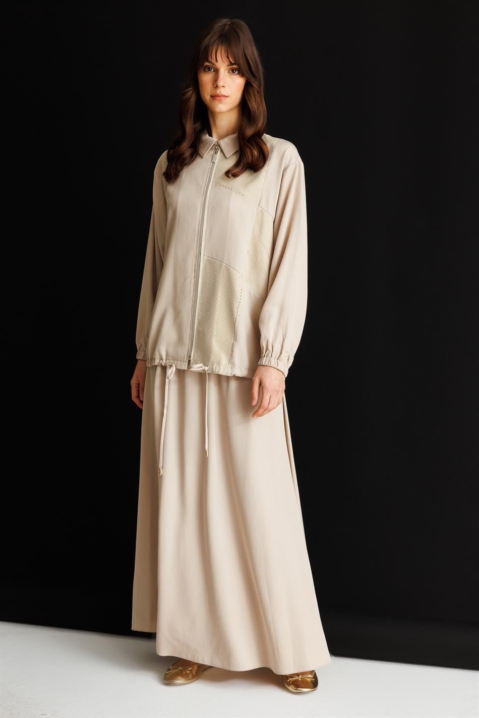 %100 Doğal LyoCELL Maxi Dökümlü Soft Kumaş Step File Garni Detaylı Ceket ve Etek Kombinli TAKIM-Taş