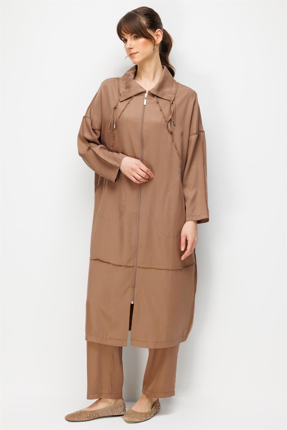 %100 Doğal LyoCELL Maxi Dökümlü Soft Kumaş Özel Dikiş Detaylı Zamansız Kap Ferace-Kahve