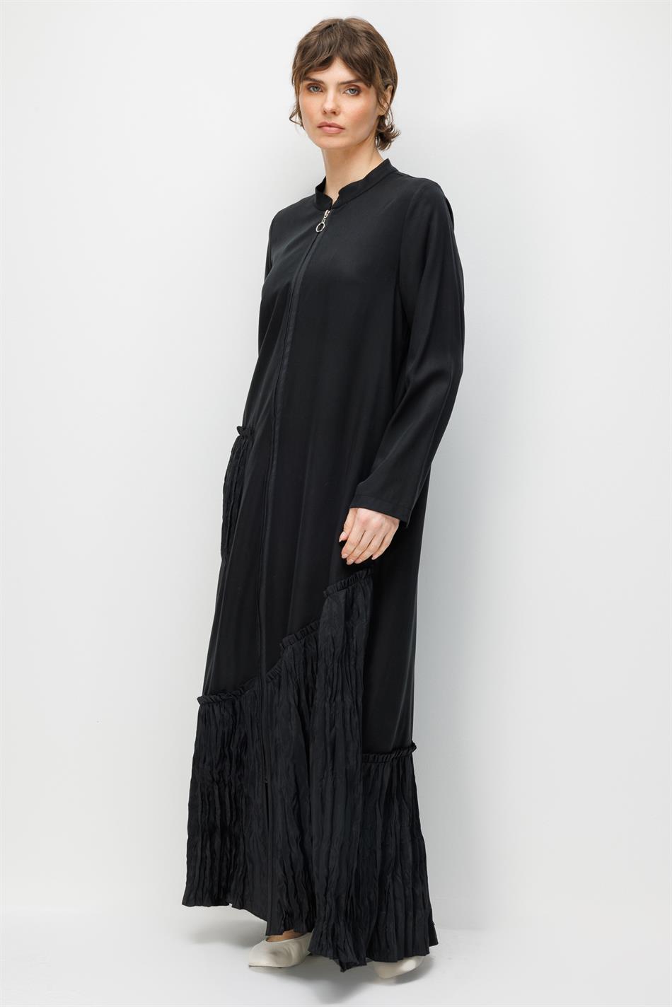 %100 Doğal LyoCELL Maxi Dökümlü Soft Kumaş Kraş Cep ve Alt Bant Detaylı Kap Ferace-Siyah