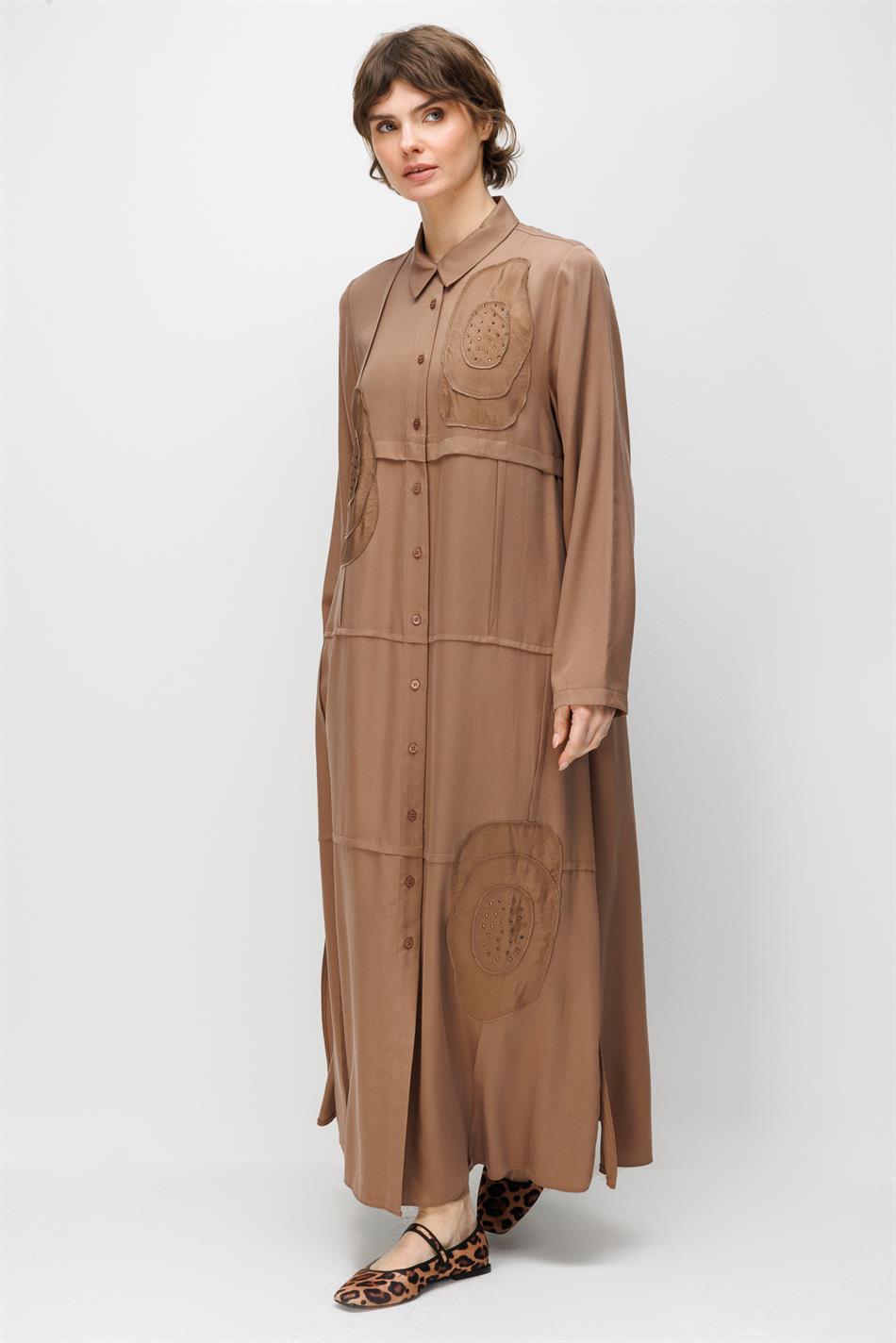 %100 Doğal LyoCELL Maxi Dökümlü Soft Kumaş Elişi Flora İşleme Detaylı Maxi Tunik Ferace-Kahve