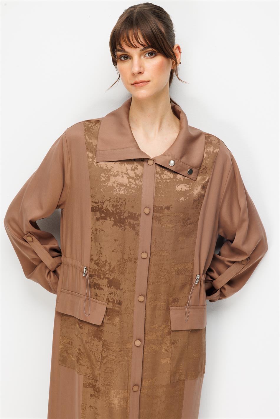 %100 Doğal LyoCELL Maxi Dökümlü Soft Kumaş Desen Geçişli Kap Ferace-Kahve