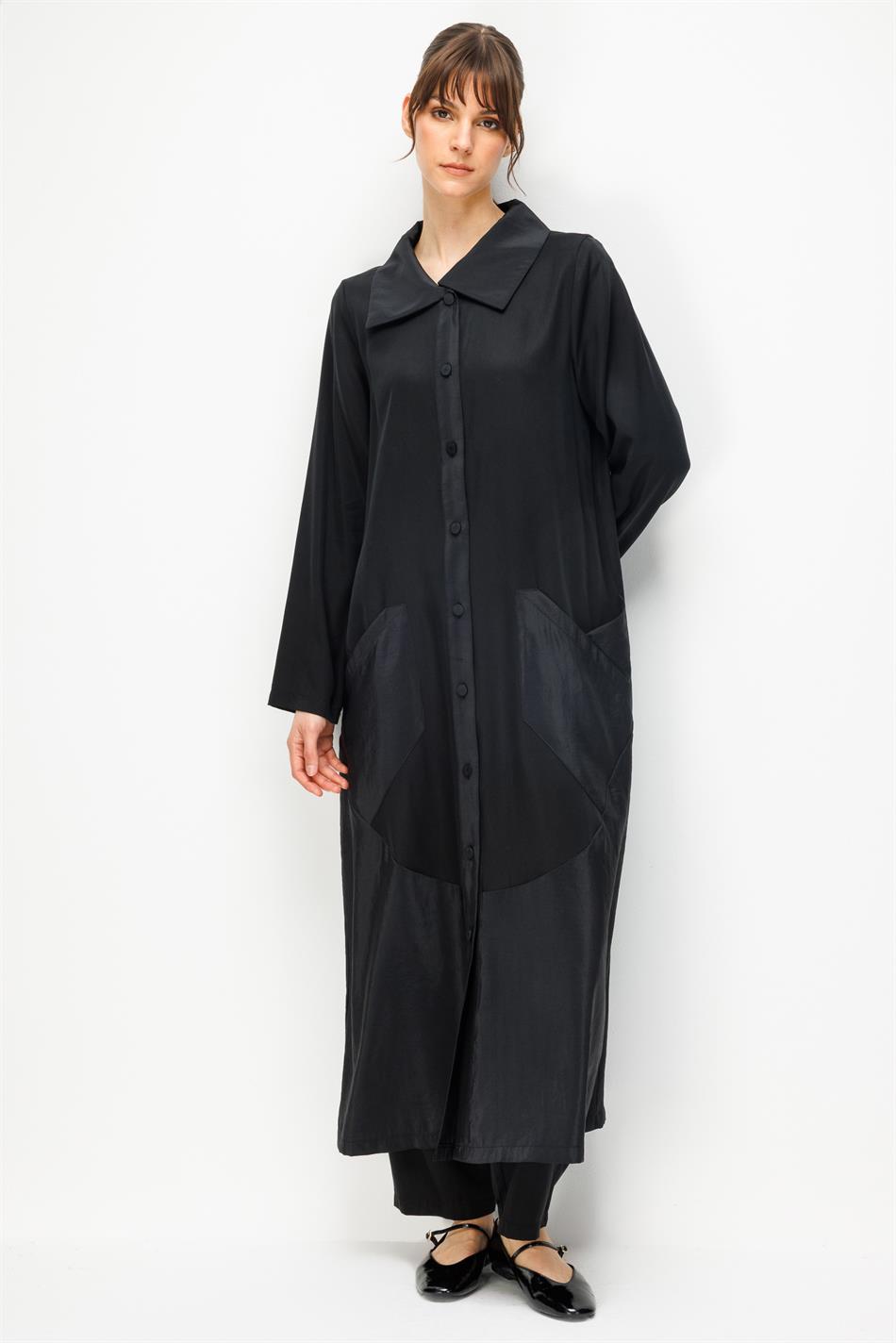 %100 Doğal LyoCELL Maxi Dökümlü Soft Kumaş Garni Kumaşlı Zamansız Kap Ferace-Siyah