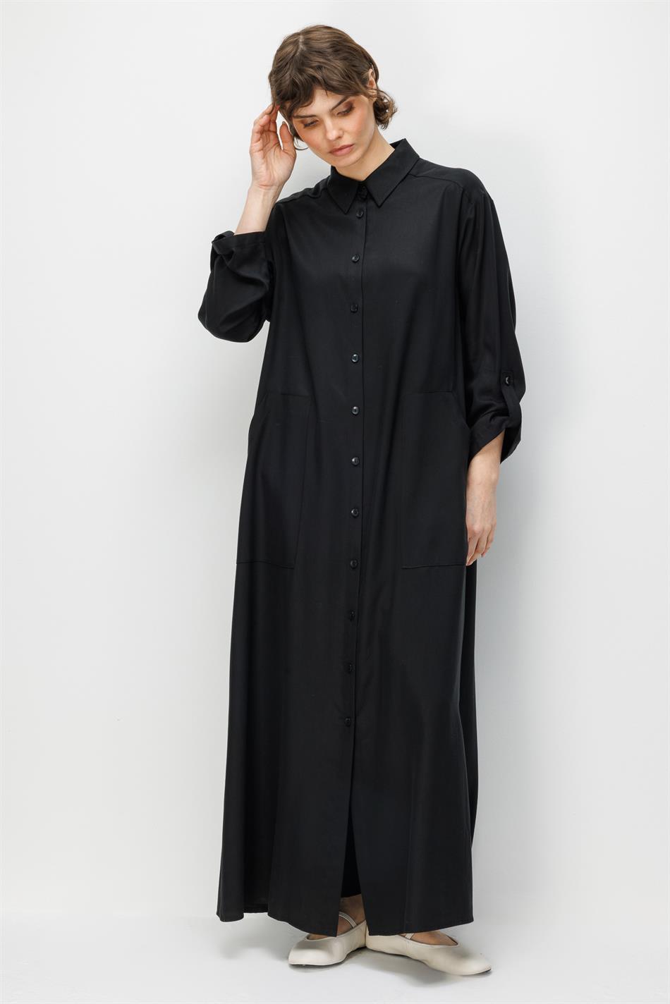 %100 Doğal LyoCELL Maxi Dökümlü Soft Kumaş Zamansız Spor Kap Ferace-Siyah