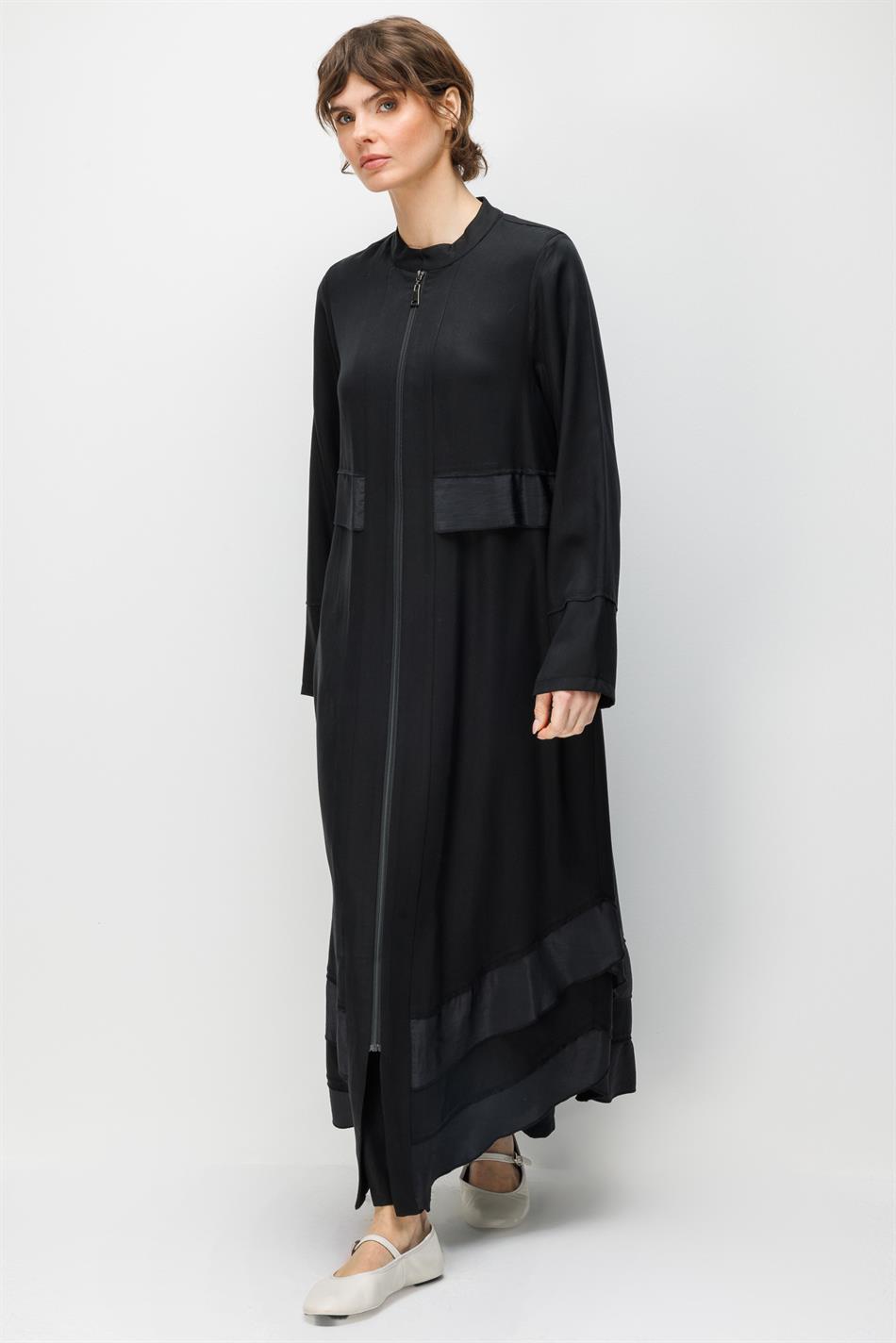 %100 Doğal LyoCELL Maxi Dökümlü Soft Kumaş Aller Bant detaylı Kap Ferace-Siyah
