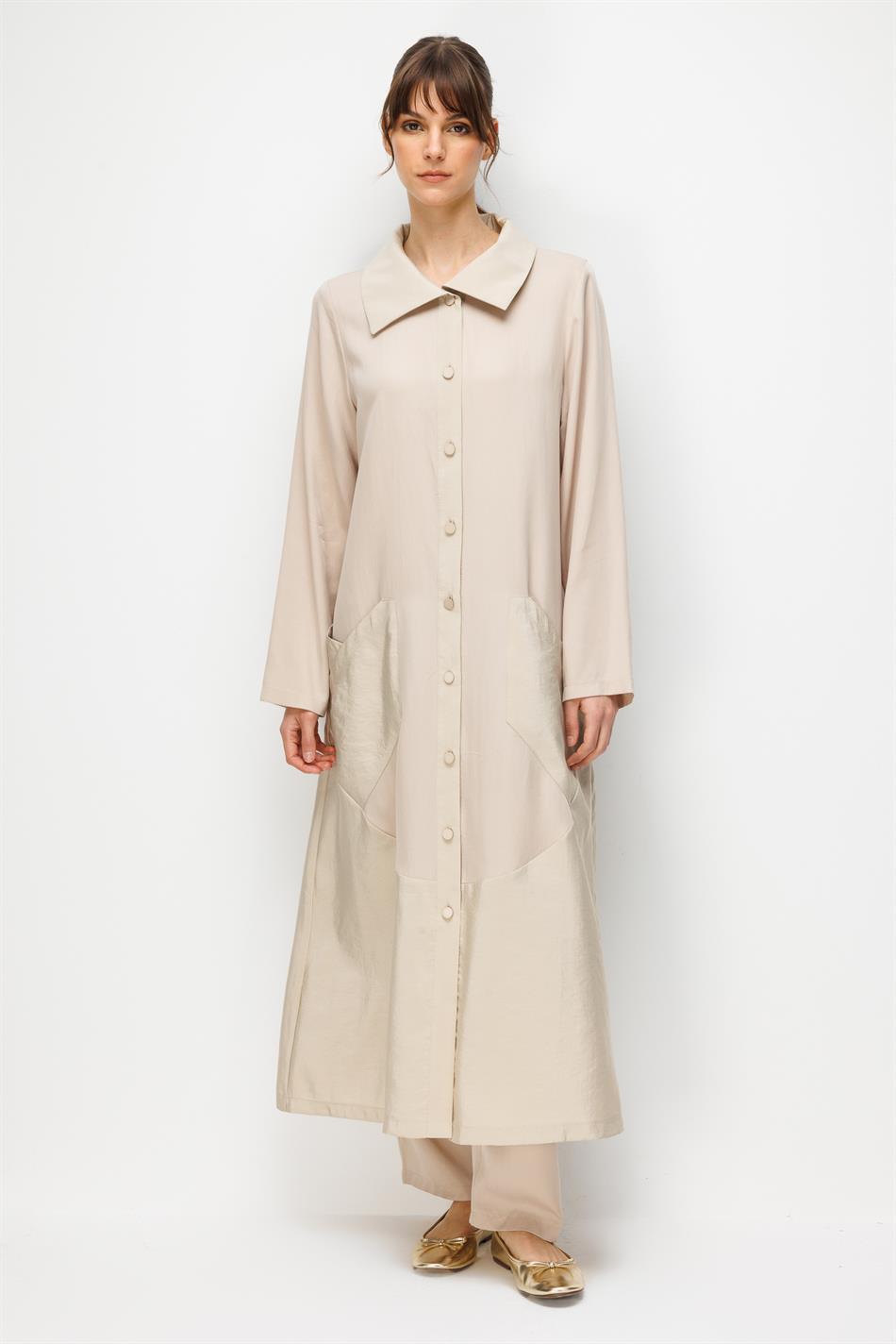 %100 Doğal LyoCELL Maxi Dökümlü Soft Kumaş Garni Kumaşlı Zamansız Kap Ferace-Taş