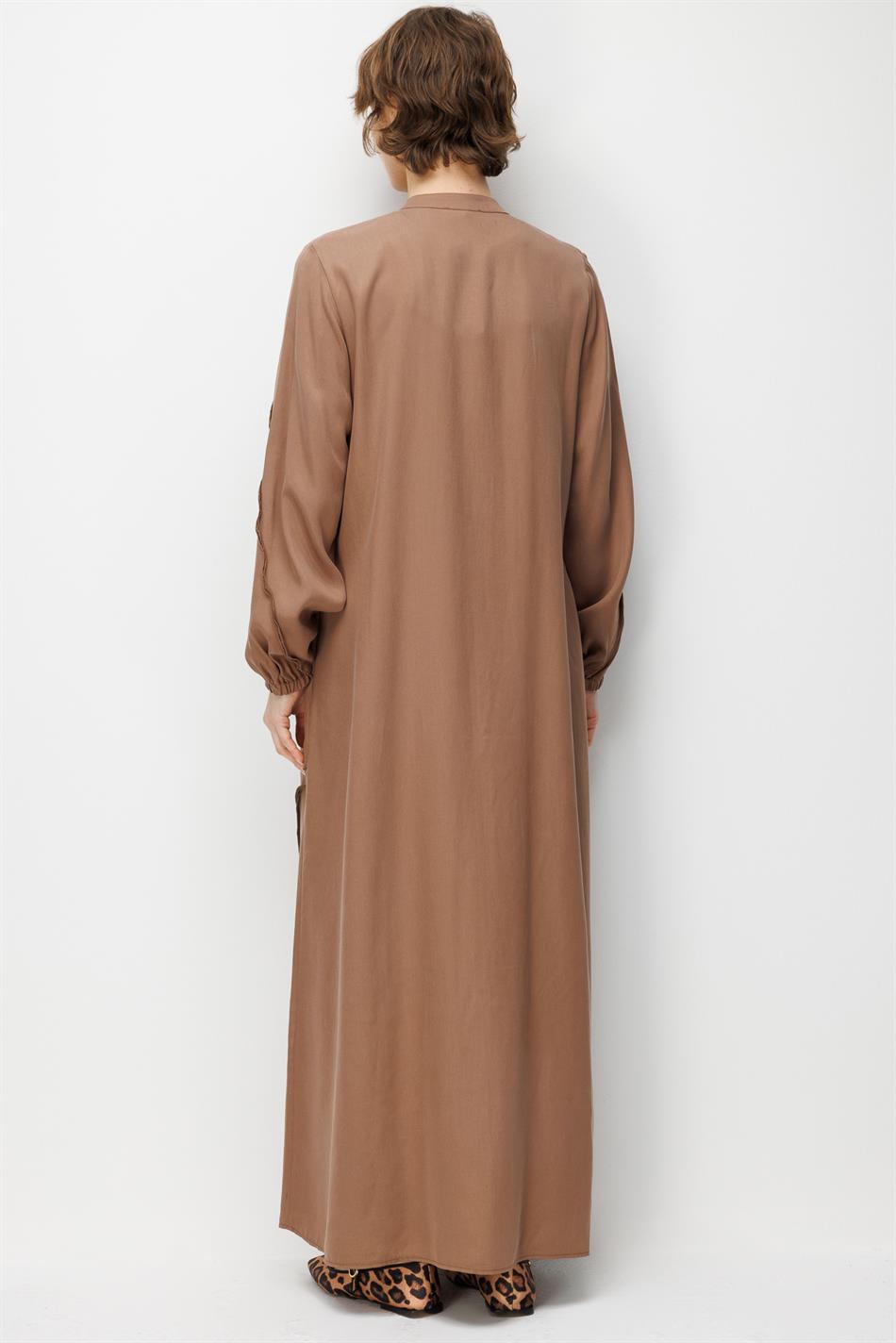 %100 Doğal LyoCELL Maxi Dökümlü Soft Kumaş Aller Ara Diikiş Detaylı Kap Ferace-Kahve