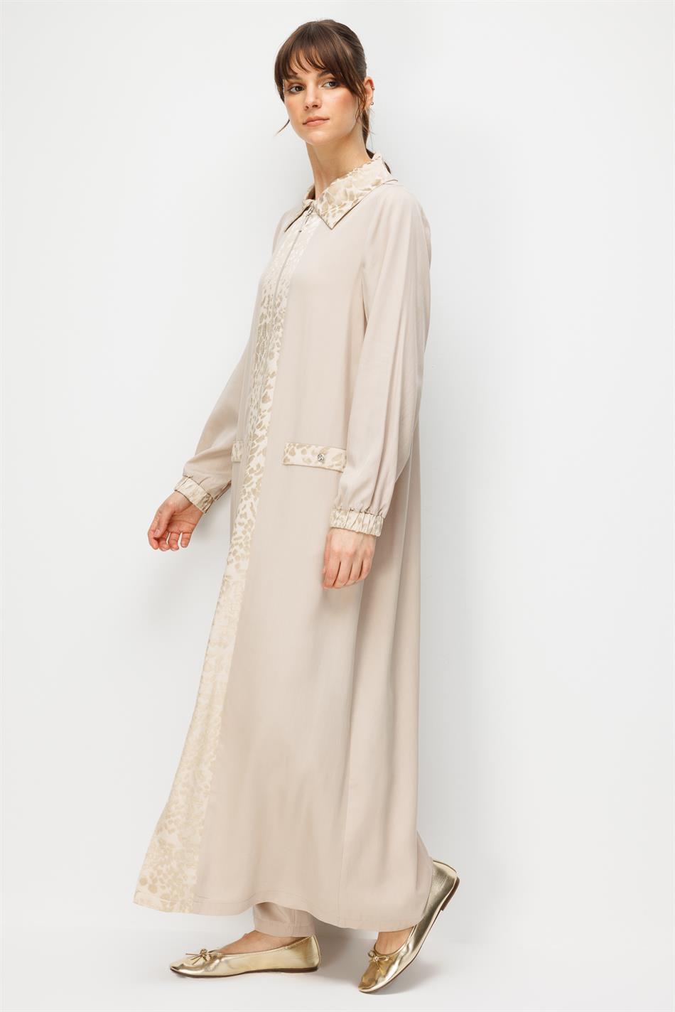 %100 Doğal LyoCELL Maxi Dökümlü Soft Kumaş ve Desen Geçişli Ferace-Taş