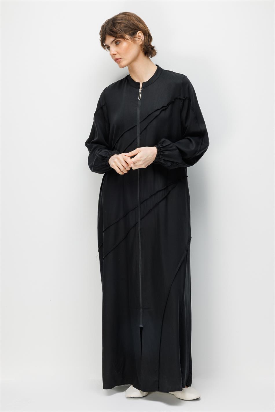 %100 Doğal LyoCELL Maxi Dökümlü Soft Kumaş Aller Ara Diikiş Detaylı Kap Ferace-Siyah