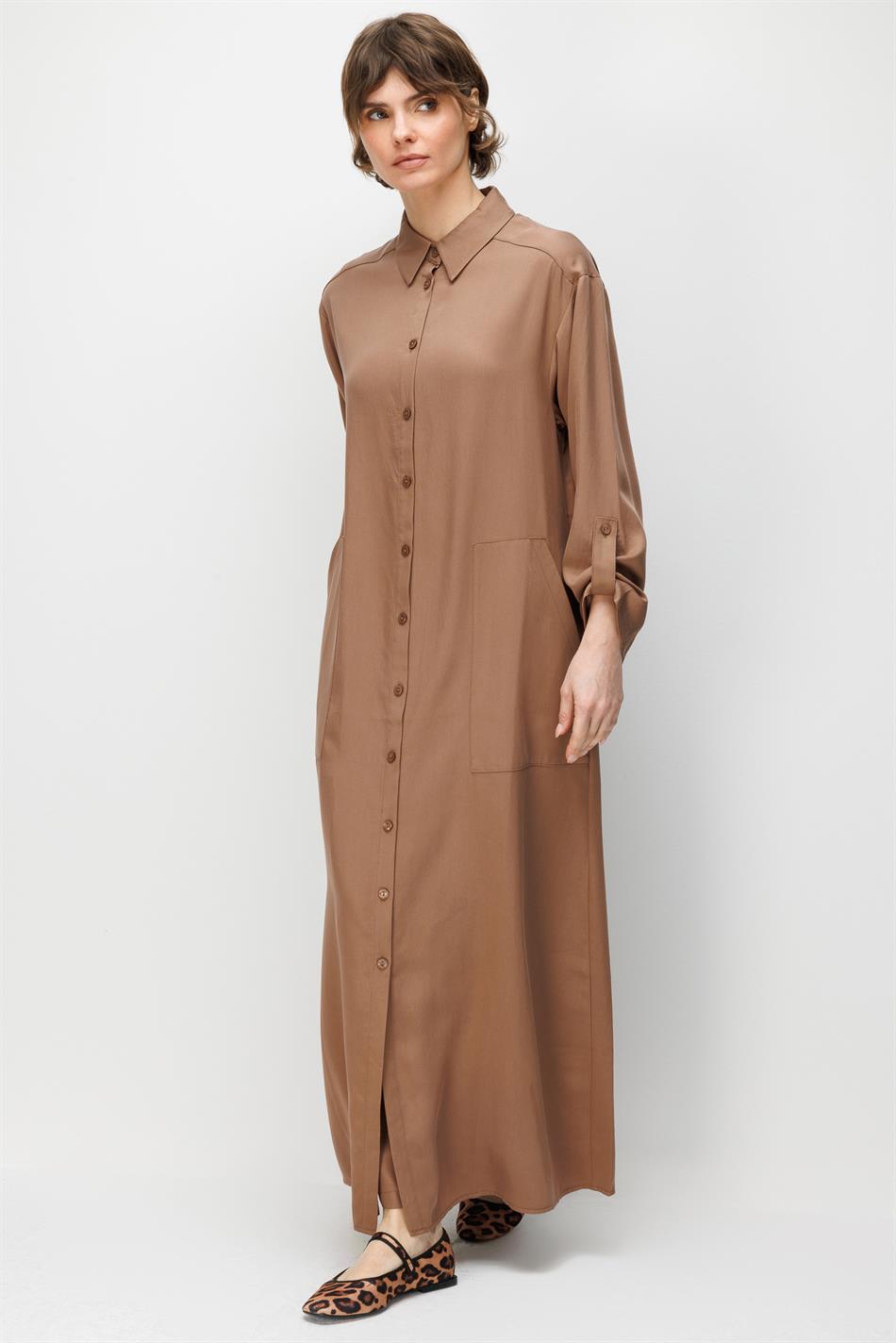 100% natuurlijke LyoCELL maxi gedrapeerde zachte stof tijdloze sportieve abaya - bruin