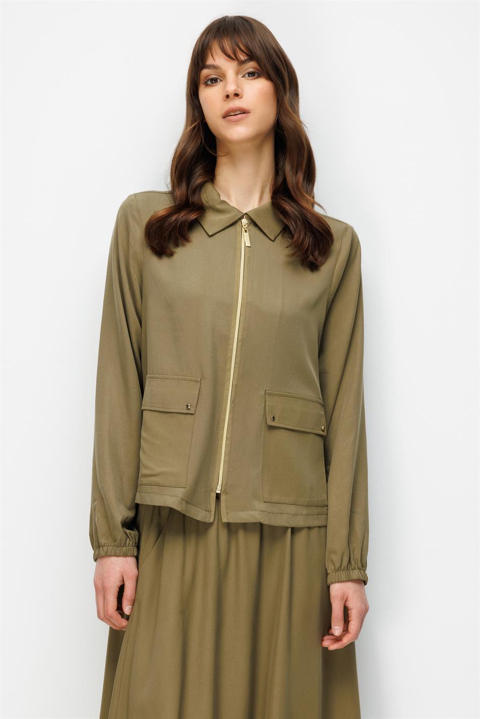 %100 Doğal LyoCELL Maxi Dökümlü Soft Kumaş Özel Ceket ve Etek Kombinli TAKIM-Haki