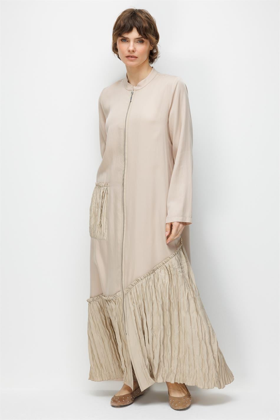 %100 Doğal LyoCELL Maxi Dökümlü Soft Kumaş Kraş Cep ve Alt Bant Detaylı Kap Ferace-Taş